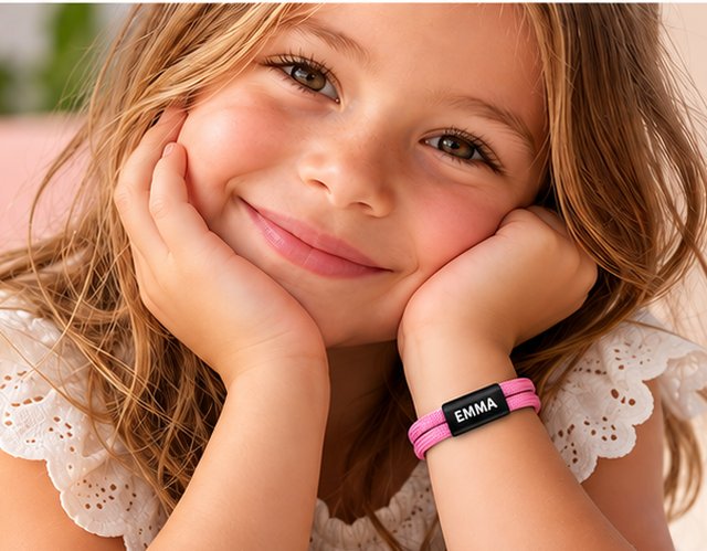 Meisje met roze naamarmbandje